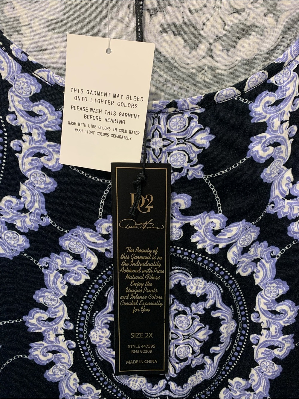 DG2 Diane Gilman Navy Tunic with Lavender Medallion Print - Picture 6 of 9